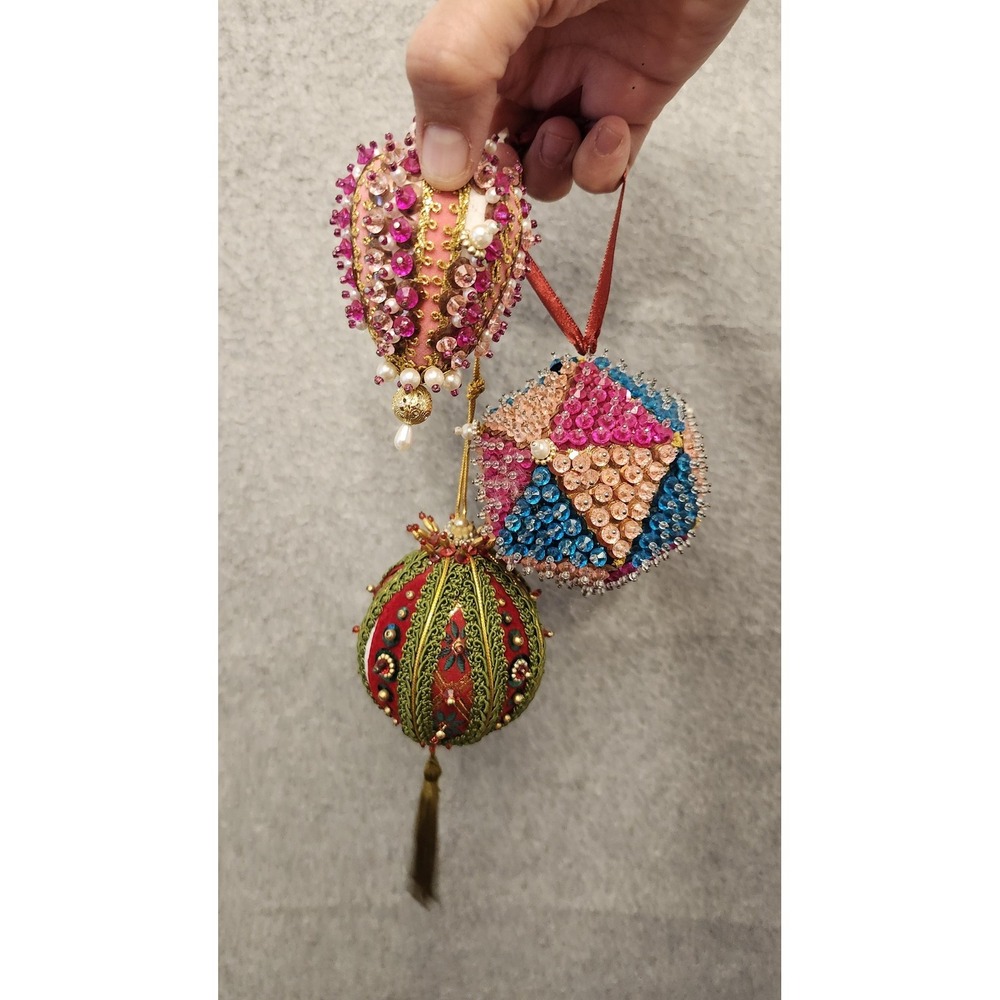 Handmade Beaded Sequin Christmas‎ Ornaments Set 3 Pink Red Multicolor Foam